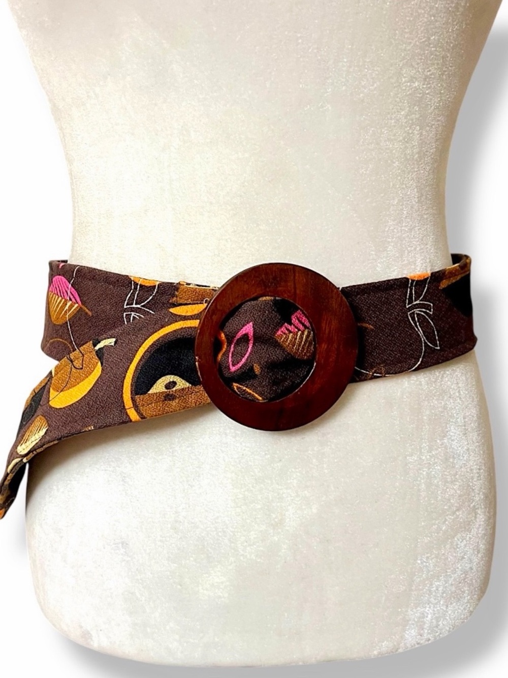 Vintage Fashion Doll Brown Print Fabric Wide Belt Wooden Ring Buckle